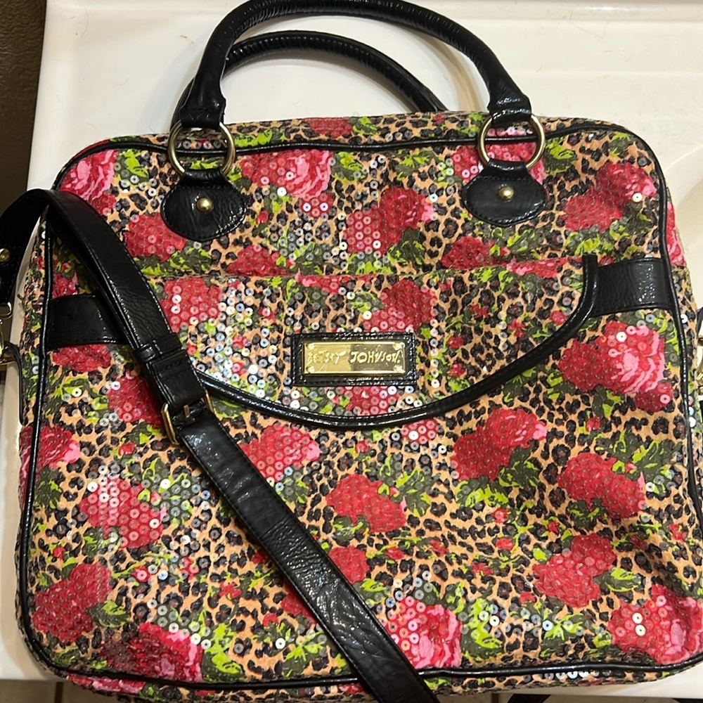 Betsey Johnson Floral Sequin Leopard Laptop Bag - Red, Black, Green